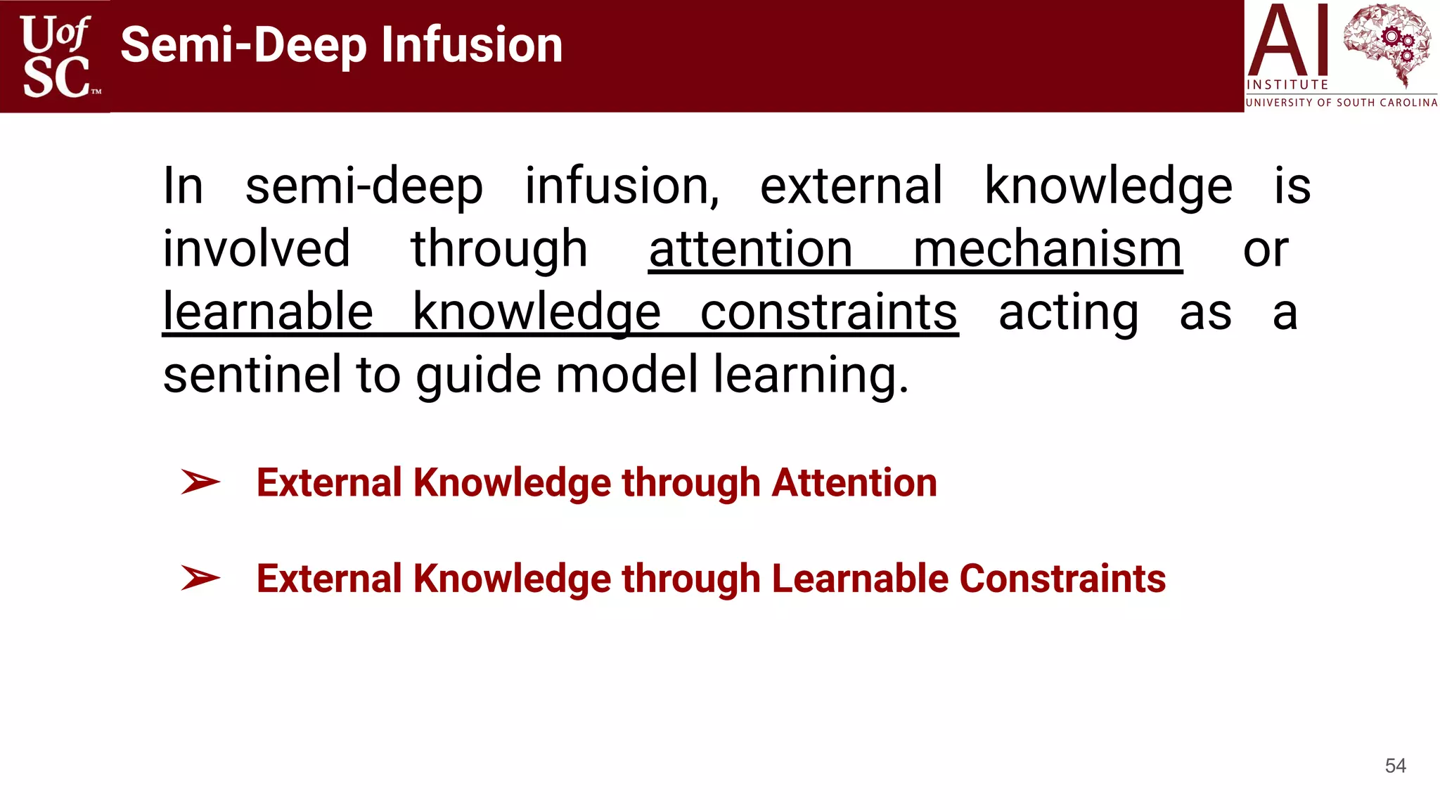 54
Semi-Deep Infusion
In semi-deep infusion, external knowledge is
involved through attention mechanism or
learnable knowledge constraints acting as a
sentinel to guide model learning.
➢ External Knowledge through Attention
➢ External Knowledge through Learnable Constraints
 