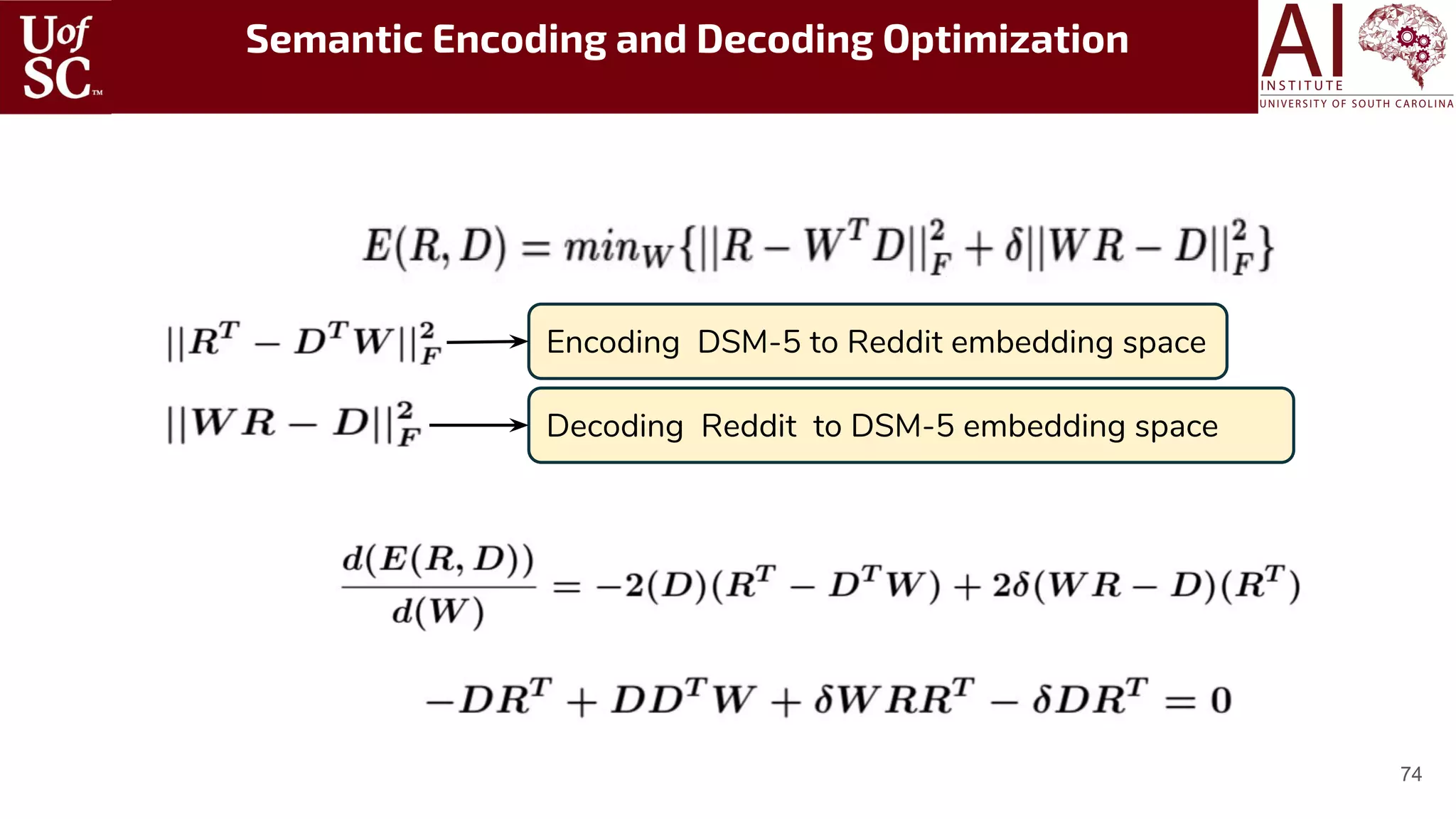 74
Semantic Encoding and Decoding Optimization
Encoding DSM-5 to Reddit embedding space
Decoding Reddit to DSM-5 embedding space
 