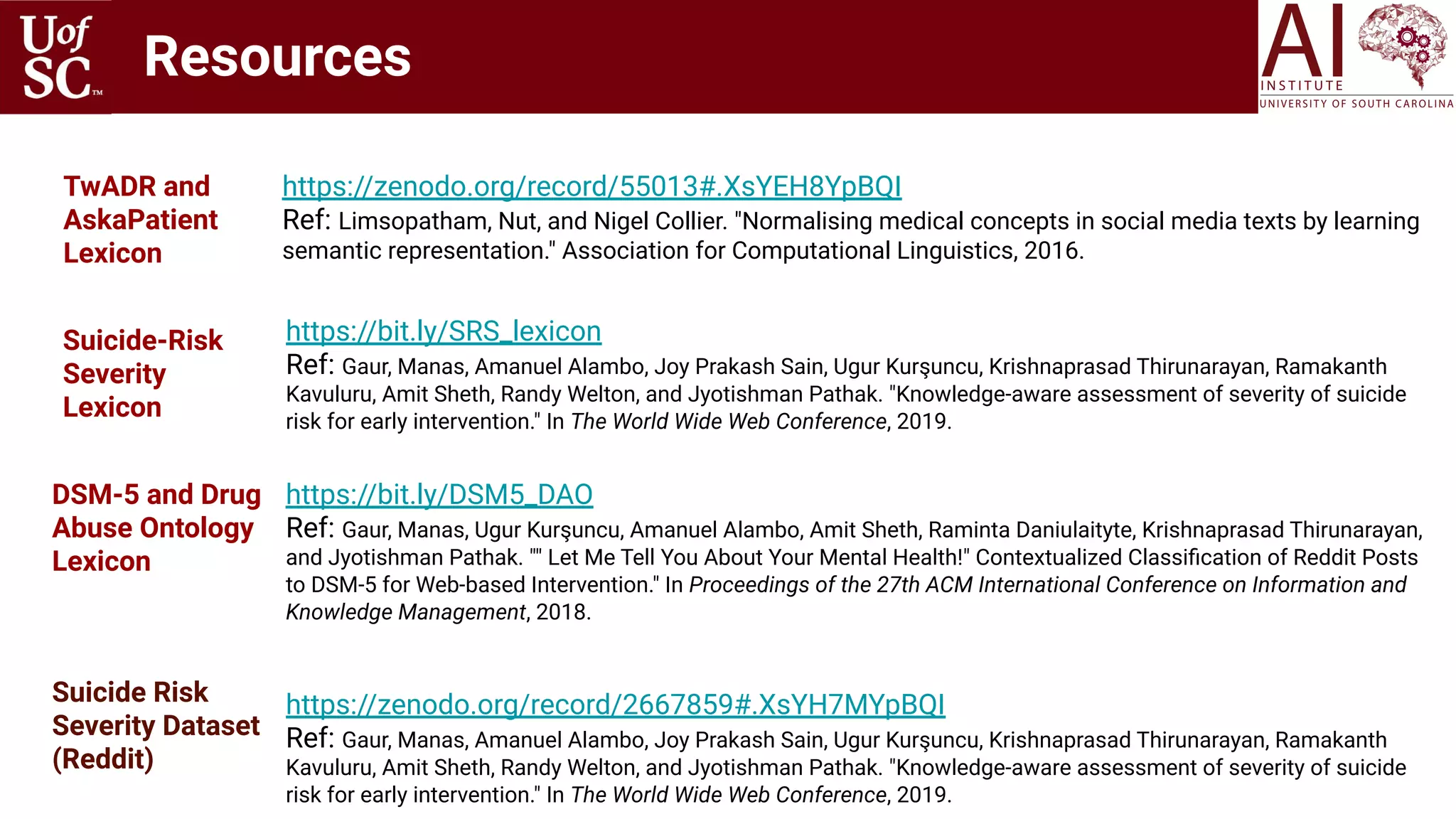 Resources
TwADR and
AskaPatient
Lexicon
https://zenodo.org/record/55013#.XsYEH8YpBQI
Ref: Limsopatham, Nut, and Nigel Collier. "Normalising medical concepts in social media texts by learning
semantic representation." Association for Computational Linguistics, 2016.
Suicide-Risk
Severity
Lexicon
https://bit.ly/SRS_lexicon
Ref: Gaur, Manas, Amanuel Alambo, Joy Prakash Sain, Ugur Kurşuncu, Krishnaprasad Thirunarayan, Ramakanth
Kavuluru, Amit Sheth, Randy Welton, and Jyotishman Pathak. "Knowledge-aware assessment of severity of suicide
risk for early intervention." In The World Wide Web Conference, 2019.
DSM-5 and Drug
Abuse Ontology
Lexicon
https://bit.ly/DSM5_DAO
Ref: Gaur, Manas, Ugur Kurşuncu, Amanuel Alambo, Amit Sheth, Raminta Daniulaityte, Krishnaprasad Thirunarayan,
and Jyotishman Pathak. "" Let Me Tell You About Your Mental Health!" Contextualized Classiﬁcation of Reddit Posts
to DSM-5 for Web-based Intervention." In Proceedings of the 27th ACM International Conference on Information and
Knowledge Management, 2018.
Suicide Risk
Severity Dataset
(Reddit)
https://zenodo.org/record/2667859#.XsYH7MYpBQI
Ref: Gaur, Manas, Amanuel Alambo, Joy Prakash Sain, Ugur Kurşuncu, Krishnaprasad Thirunarayan, Ramakanth
Kavuluru, Amit Sheth, Randy Welton, and Jyotishman Pathak. "Knowledge-aware assessment of severity of suicide
risk for early intervention." In The World Wide Web Conference, 2019.
 