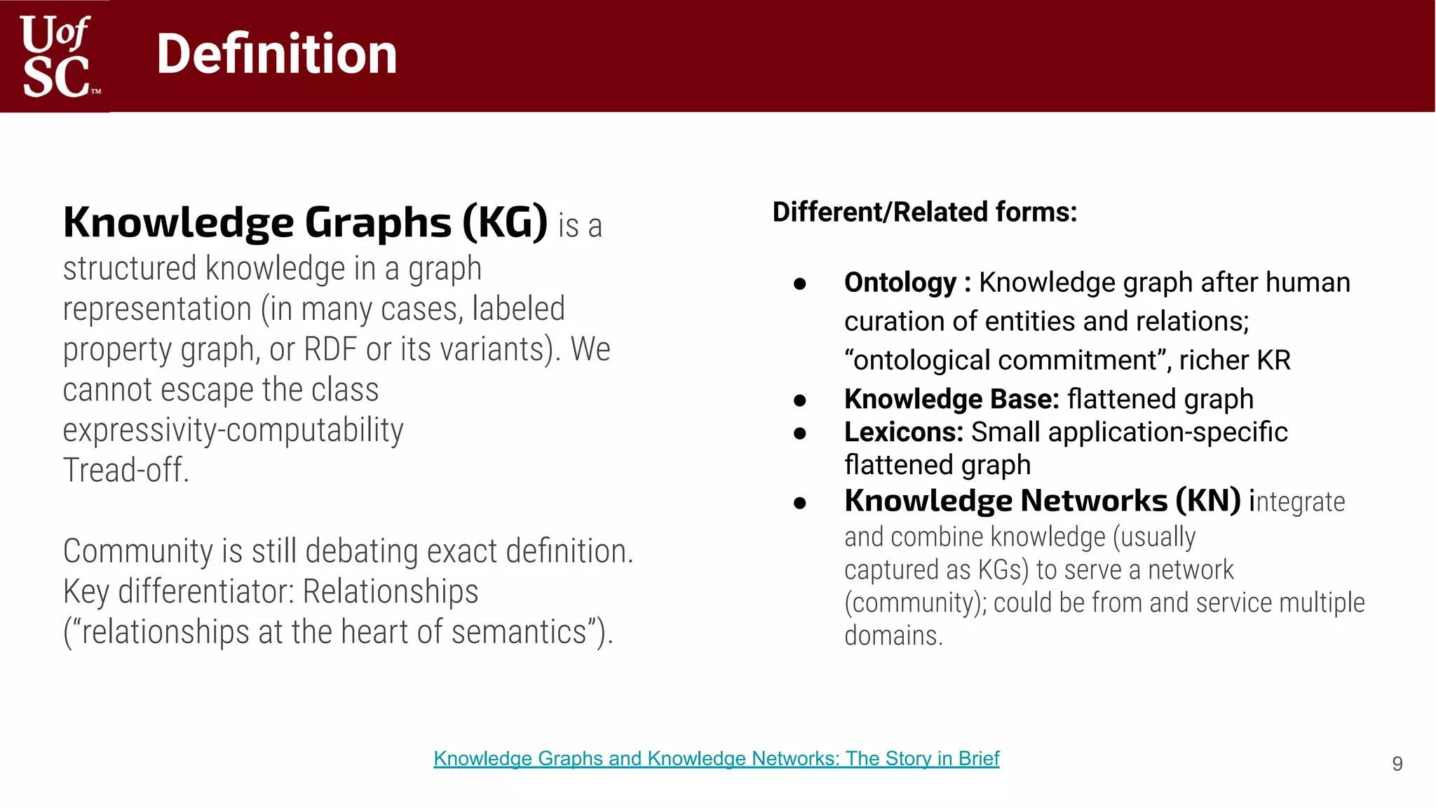 Deﬁnition
Knowledge Graphs (KG) is a
structured knowledge in a graph
representation (in many cases, labeled
property graph, or RDF or its variants). We
cannot escape the class
expressivity-computability
Tread-off.
Community is still debating exact deﬁnition.
Key differentiator: Relationships
(“relationships at the heart of semantics”).
Different/Related forms:
● Ontology : Knowledge graph after human
curation of entities and relations;
“ontological commitment”, richer KR
● Knowledge Base: ﬂattened graph
● Lexicons: Small application-speciﬁc
ﬂattened graph
● Knowledge Networks (KN) integrate
and combine knowledge (usually
captured as KGs) to serve a network
(community); could be from and service multiple
domains.
9Knowledge Graphs and Knowledge Networks: The Story in Brief
 