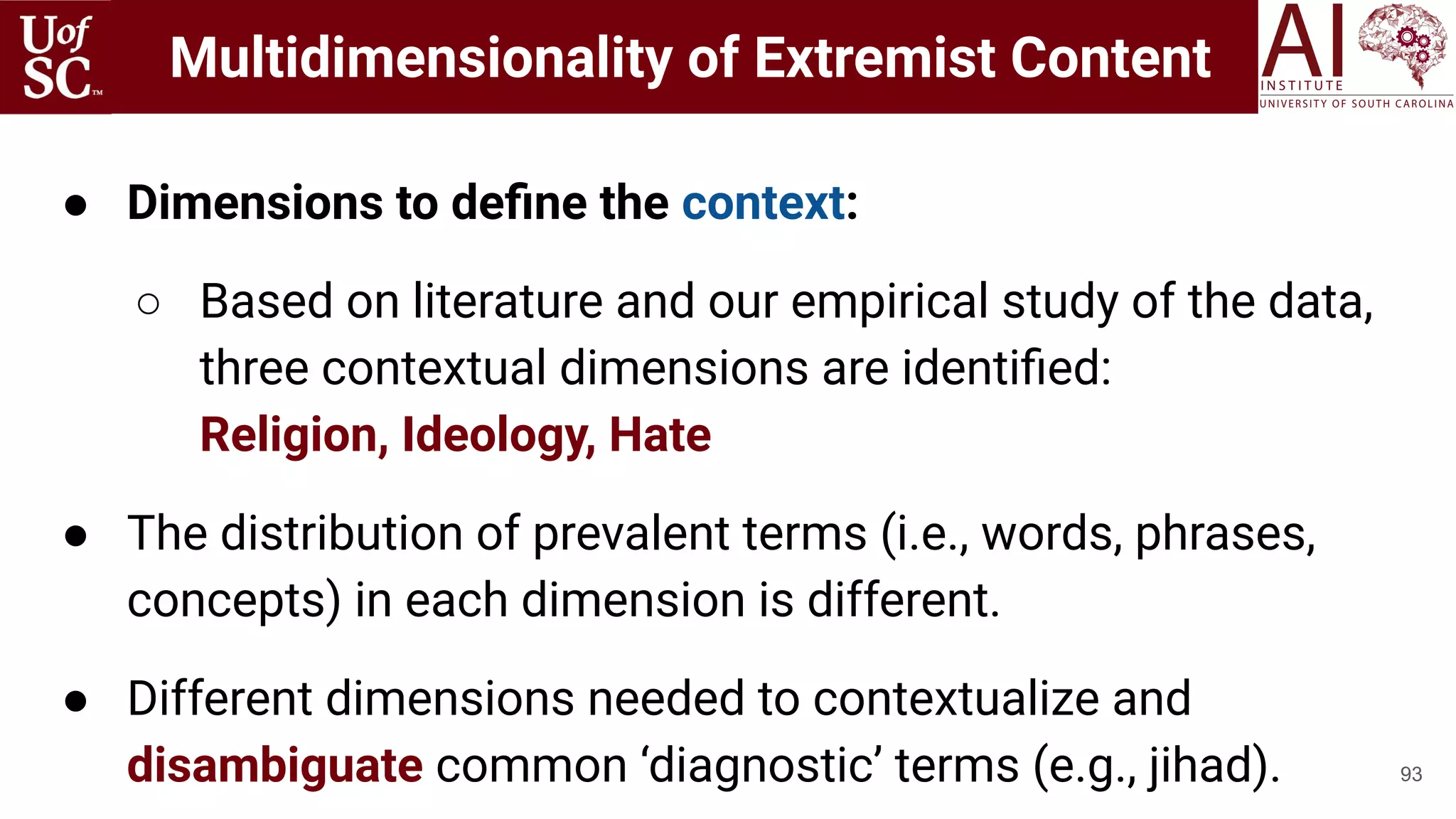 93
● Dimensions to deﬁne the context:
○ Based on literature and our empirical study of the data,
three contextual dimensions are identiﬁed:
Religion, Ideology, Hate
● The distribution of prevalent terms (i.e., words, phrases,
concepts) in each dimension is different.
● Different dimensions needed to contextualize and
disambiguate common ‘diagnostic’ terms (e.g., jihad).
Multidimensionality of Extremist Content
 