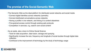 The promise of the Social-Semantic Web
• The Semantic Web as the ideal platform for distributed social networks and social...