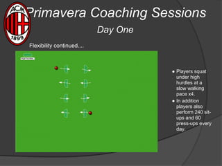 Primavera Coaching Sessions
Day One
● Players squat
under high
hurdles at a
slow walking
pace x4.
● In addition
players also
perform 240 sit-
ups and 60
press-ups every
day.
Flexibility continued....
 