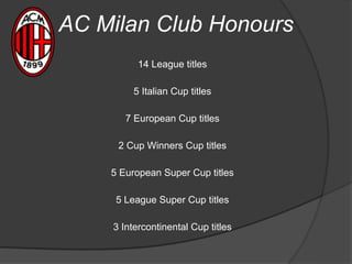 AC Milan Club Honours
14 League titles
5 Italian Cup titles
7 European Cup titles
2 Cup Winners Cup titles
5 European Super Cup titles
5 League Super Cup titles
3 Intercontinental Cup titles
 