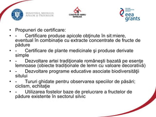 • Propuneri de certificare:
• - Certificare produse apicole obţinute în sit:miere,
eventual în combinație cu extracte concentrate de fructe de
pădure
• - Certificare de plante medicinale şi produse derivate
simple
• - Dezvoltare artei tradiţionale româneşti bazată pe esenţe
lemnoase (obiecte tradiționale de lemn cu valoare decorativă)
• - Dezvoltare programe educative asociate biodiversităţii
sitului
• - Tururi ghidate pentru observarea speciilor de păsări;
ciclism, echitaţie
• - Utilizarea fostelor baze de prelucrare a fructelor de
pădure existente în sectorul silvic
 
