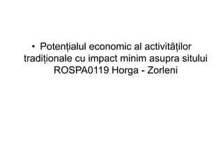 • Potențialul economic al activităților
tradiționale cu impact minim asupra sitului
ROSPA0119 Horga - Zorleni
 