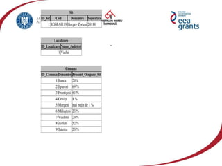 .
Sit
ID_Sit Cod Denumire Suprafata
1 ROSPA0119 Horga - Zorleni 20188
Localizare
ID_Localizare Nume_Judet(e)
1 Vaslui
Comuna
ID_Comuna Denumire Procent_Ocupare_Sit
1 Banca 20%
2 Epureni 69 %
3 Fruntişeni 61 %
4 Griviţa 8 %
5 Murgeni mai puţin de 1 %
6 Măluşteni 23 %
7 Vinderei 20 %
8 Zorleni 52 %
9 Şuletea 23 %
 