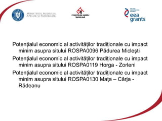 Potențialul economic al activităților tradiționale cu impact
minim asupra sitului ROSPA0096 Pădurea Micleşti
Potențialul economic al activităților tradiționale cu impact
minim asupra sitului ROSPA0119 Horga - Zorleni
Potențialul economic al activităților tradiționale cu impact
minim asupra sitului ROSPA0130 Maţa – Cârja -
Rădeanu
 