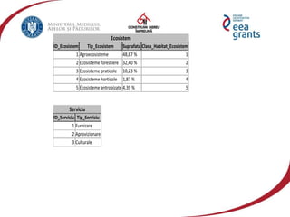 Ecosistem
ID_Ecosistem Tip_Ecosistem Suprafata Clasa_Habitat_Ecosistem
1 Agroecosisteme 48,87 % 1
2 Ecosisteme forestiere 32,40 % 2
3 Ecosisteme praticole 10,23 % 3
4 Ecosisteme horticole 1,87 % 4
5 Ecosisteme antropizate 4,39 % 5
Serviciu
ID_Serviciu Tip_Serviciu
1 Furnizare
2 Aprovizionare
3 Culturale
 