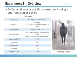 • Optimumal sensor position assessment using a
one-feet slipper device
15
Experiment２：Overview
Participant 5（Male 2・Female 3）
Motion
Walking
（Do not indicate the speed or
step）
Environment long flat corridor
Sensed data
6 accelerometers on the right
foot
（Same slipper on the left foot）
Frame rate[fps] 37.5
Length[s] 32
Data points 1200
Samples 128
Window size 100
Overview
Walking status
 