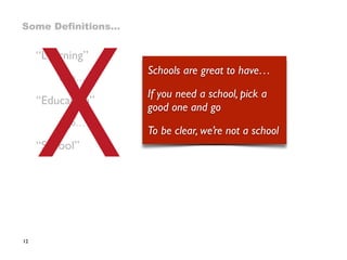 “Learning”
ergo…
“Education”
ergo…
“School”
X
12
Some Definitions…
Schools are great to have…
If you need a school, pick a  
good one and go
To be clear, we’re not a school
 