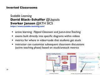 29
Scalable Learning 
David Black-Schaffer @Uppsala 
Sverker Janson @KTH SICS
https://www.scalable-learning.com/
• active learning: Flipped Classroom and Just-in-timeTeaching
• exams built directly into speciﬁc diagrams within videos
• metrics for where in video+code that students get stuck
• instructor can customize subsequent classroom discussions  
(active teaching phase) based on stuck/unstuck metrics
Inverted Classrooms
 