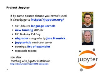 34
If by some bizarre chance you haven’t used  
it already, go to https://jupyter.org/
• 50+ different language kernels
• new funding 2015-07
• UC Berkeley, Cal Poly
• nbgrader autograder by Jess Hamrick
• jupyterhub multi-user server
• curating a list of examples
• repeatable science!
see also: 
Teaching with Jupyter Notebooks 
http://tinyurl.com/scipy2015-education
Project Jupyter
 