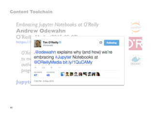 41
Embracing Jupyter Notebooks at O'Reilly
Andrew Odewahn
O’Reilly Media (2015-05-07)
https://beta.oreilly.com/ideas/jupyter-at-oreilly
O’Reilly Media is using our Atlas platform
to make Jupyter Notebooks a ﬁrst class
authoring environment for our publishing
program
Jupyter
Content Toolchain
 