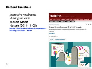 45
Interactive notebooks:  
Sharing the code
Helen Shen
Nature (2014-11-05)
nature.com/news/interactive-notebooks-
sharing-the-code-1.16261
Content Toolchain
 