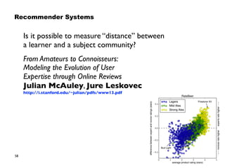 58
Is it possible to measure “distance” between  
a learner and a subject community?
From Amateurs to Connoisseurs: 
Modeling the Evolution of User  
Expertise through Online Reviews 
Julian McAuley, Jure Leskovec 
http://i.stanford.edu/~julian/pdfs/www13.pdf
Recommender Systems
 