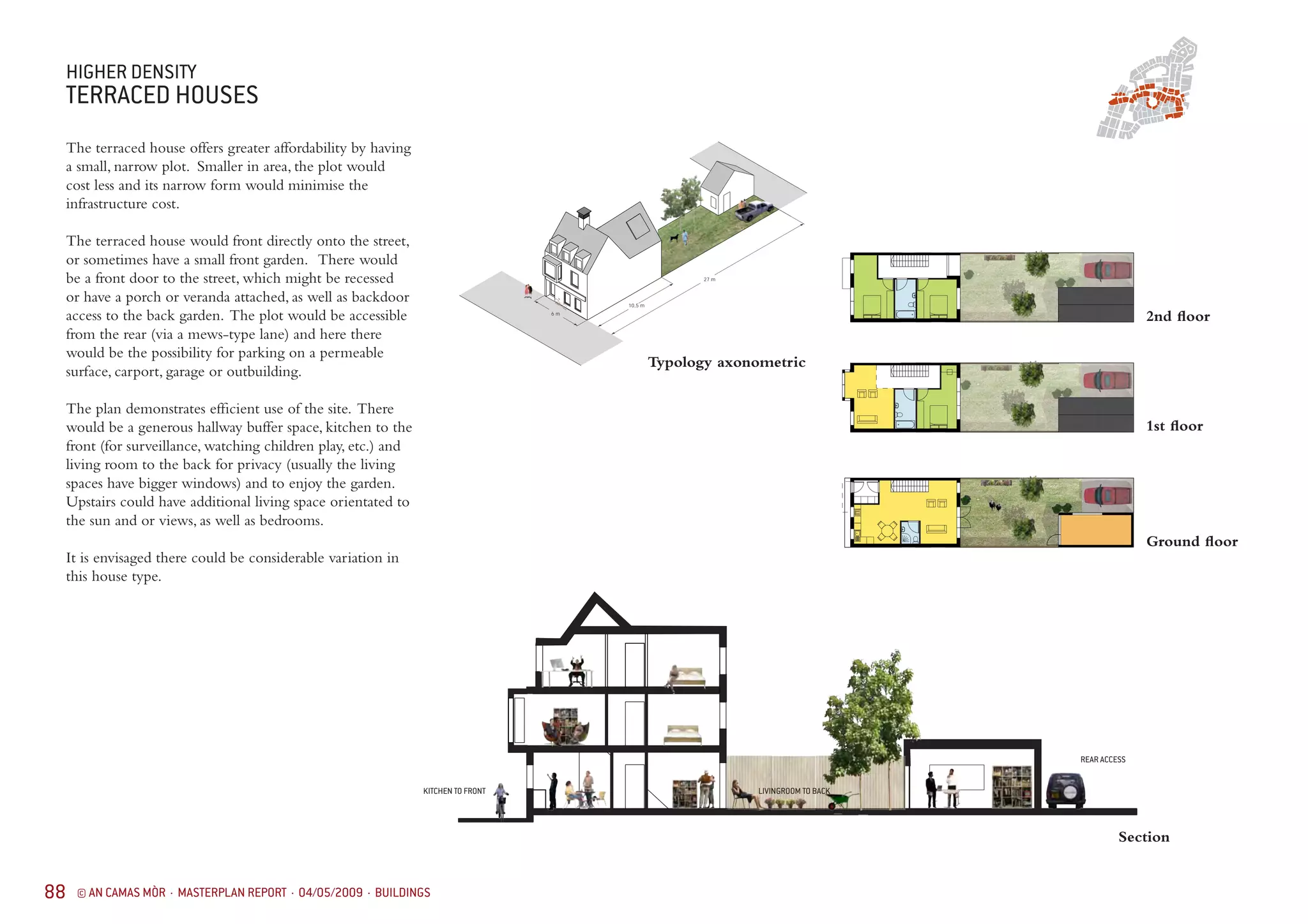 88 © AN CAMAS MÒR · MASTERPLAN REPORT · 04/05/2009 · BUILDINGS
Ground floor
HIGHER DENSITY
TERRACED HOUSES
The terraced house offers greater affordability by having
a small, narrow plot. Smaller in area, the plot would
cost less and its narrow form would minimise the
infrastructure cost.
The terraced house would front directly onto the street,
or sometimes have a small front garden. There would
be a front door to the street, which might be recessed
or have a porch or veranda attached, as well as backdoor
access to the back garden. The plot would be accessible
from the rear (via a mews-type lane) and here there
would be the possibility for parking on a permeable
surface, carport, garage or outbuilding.
The plan demonstrates efficient use of the site. There
would be a generous hallway buffer space, kitchen to the
front (for surveillance, watching children play, etc.) and
living room to the back for privacy (usually the living
spaces have bigger windows) and to enjoy the garden.
Upstairs could have additional living space orientated to
the sun and or views, as well as bedrooms.
It is envisaged there could be considerable variation in
this house type.
6 m
10,5 m
27 m
Section
Typology axonometric
1st floor
2nd floor
REAR ACCESS
KITCHEN TO FRONT LIVINGROOM TO BACK
 