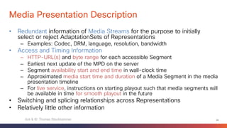 64
Scope of MPEG DASH
What is specified – and what is not?
Media Presentation on
HTTP Server
DASH-enabled ClientMedia
Pres...