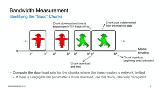 Identifying the “Good” Chunks
ACM NOSSDAV 2019 9
Bandwidth Measurement
• Compute the download rate for the chunks where the transmission is network limited
– If there is a negligible idle period after a chunk download, use that chunk, otherwise disregard it
Media
timeline
Chunk4
Size:Q4
Chunk5
Size:Q5
Chunk6
Size:Q6
Chunk7
Size:Q7
b4e4e5 b5e6 b6
e7 b7
……
Chunk download
beginning time (unknown)
Chunk download
end time
Chunk download end time is
known from HTTP Fetch API
Chunk size is determined
from the received data
 