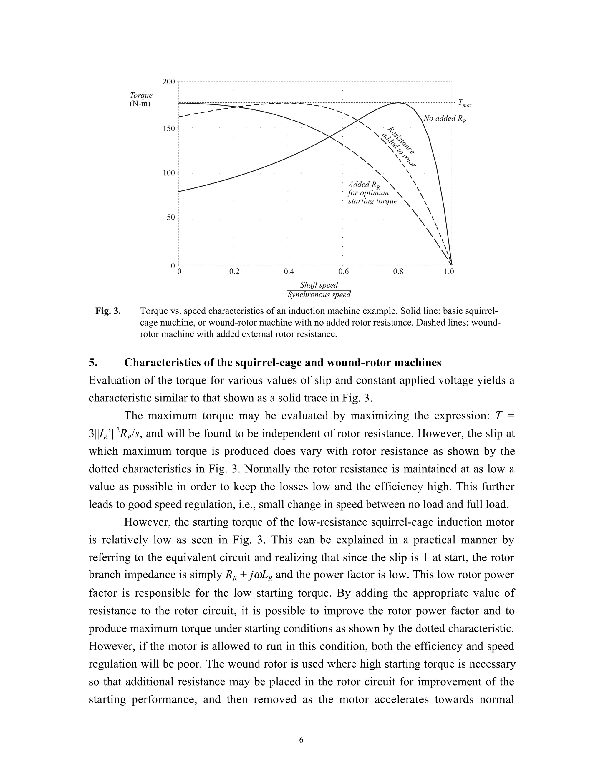 200
           Torque
           (N-m)                                                                                       Tmax
                                                                                            No added RR
                    150




                                                                            Re dde
                                                                              a
                                                                              sis d t
                                                                                 ta o r
                                                                                   nc ot
                                                                                     e or
                    100
                                                                   Added RR
                                                                   for optimum
                                                                   starting torque
                     50




                      0
                          0         0.2           0.4           0.6             0.8              1.0
                                                      Shaft speed
                                                   Synchronous speed

 Fig. 3.     Torque vs. speed characteristics of an induction machine example. Solid line: basic squirrel-
             cage machine, or wound-rotor machine with no added rotor resistance. Dashed lines: wound-
             rotor machine with added external rotor resistance.

5.        Characteristics of the squirrel-cage and wound-rotor machines
Evaluation of the torque for various values of slip and constant applied voltage yields a
characteristic similar to that shown as a solid trace in Fig. 3.
          The maximum torque may be evaluated by maximizing the expression: T =
        2
3||IR’|| RR/s, and will be found to be independent of rotor resistance. However, the slip at
which maximum torque is produced does vary with rotor resistance as shown by the
dotted characteristics in Fig. 3. Normally the rotor resistance is maintained at as low a
value as possible in order to keep the losses low and the efficiency high. This further
leads to good speed regulation, i.e., small change in speed between no load and full load.
          However, the starting torque of the low-resistance squirrel-cage induction motor
is relatively low as seen in Fig. 3. This can be explained in a practical manner by
referring to the equivalent circuit and realizing that since the slip is 1 at start, the rotor
branch impedance is simply RR + jωLR and the power factor is low. This low rotor power
factor is responsible for the low starting torque. By adding the appropriate value of
resistance to the rotor circuit, it is possible to improve the rotor power factor and to
produce maximum torque under starting conditions as shown by the dotted characteristic.
However, if the motor is allowed to run in this condition, both the efficiency and speed
regulation will be poor. The wound rotor is used where high starting torque is necessary
so that additional resistance may be placed in the rotor circuit for improvement of the
starting performance, and then removed as the motor accelerates towards normal


                                                        6
 