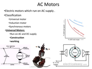AC Motors
•Electric motors which run on AC supply .
•Classification
•Universal motor
•Induction motor
•Synchronous motors
•Universal Motors:
•Run on AC and DC supply
•Construction
•working
 