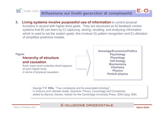 Riflessione sui livelli gerarchici di complessità

 5.     Living systems involve purposeful use of information to control physical
        functions in accord with higher-level goals. They are structured as A) feedback control
        systems that B) can learn by C) capturing, storing, recalling, and analyzing information
        which is used to set the system goals; this involves D) pattern recognition and E) utilization
        of simplified predictive models.



                                                                       Sociology/Economics/Politics
 Figure:                                                                        Psychology
        hierarchy of structure                                                  Physiology
                                                                               Cell biology
        and causation.
                                                                               Biochemistry
        Each lower level underlies what happens
                                                                                 Chemistry
        at each higher level,
                                                                                  Physics
        in terms of physical causation.
                                                                             Particle physics




                  George F.R. Ellis, “True complexity and its associated ontology”,
                  in Science and ultimate reality. Quantum Theory, Cosmology and Complexity,
                  edited by Barrow, Davies, Harper for the Cambridge University Press, 2004 (pag. 608)



                                        E<oluzione orizzontale!
Roma, 23 Febbraio 2013                                                                               Valerio Eletti
 