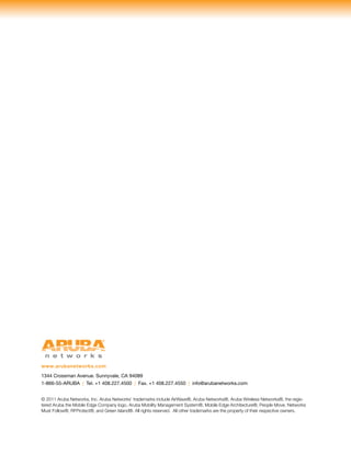 © 2011 Aruba Networks, Inc. Aruba Networks’ trademarks include AirWave®, Aruba Networks®, Aruba Wireless Networks®, the regis-
tered Aruba the Mobile Edge Company logo, Aruba Mobility Management System®, Mobile Edge Architecture®, People Move. Networks
Must Follow®, RFProtect®, and Green Island®. All rights reserved. All other trademarks are the property of their respective owners.
1344 Crossman Avenue. Sunnyvale, CA 94089
1-866-55-ARUBA | Tel. +1 408.227.4500 | Fax. +1 408.227.4550 | info@arubanetworks.com
www.arubanetworks.com
 