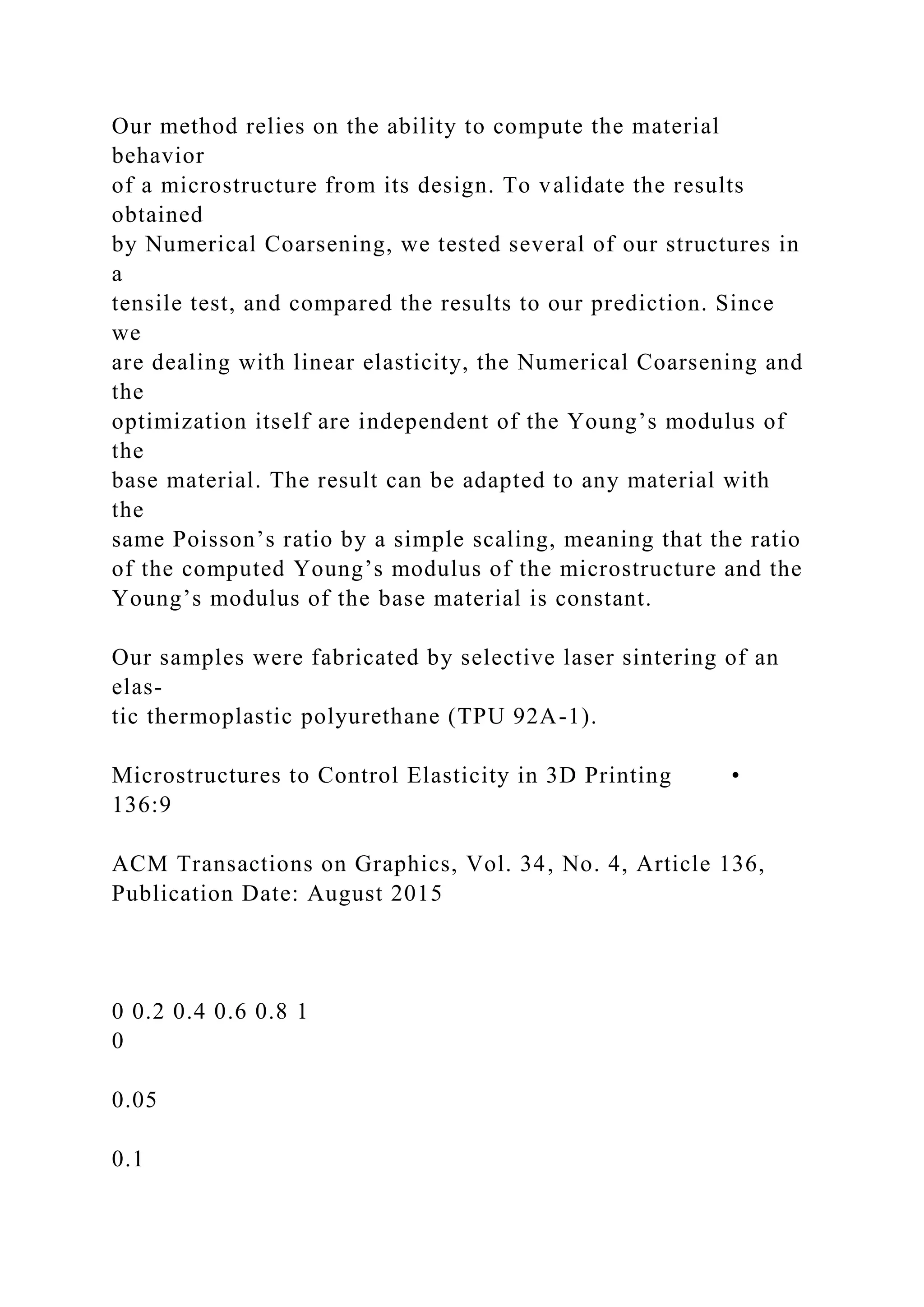 Our method relies on the ability to compute the material
behavior
of a microstructure from its design. To validate the results
obtained
by Numerical Coarsening, we tested several of our structures in
a
tensile test, and compared the results to our prediction. Since
we
are dealing with linear elasticity, the Numerical Coarsening and
the
optimization itself are independent of the Young’s modulus of
the
base material. The result can be adapted to any material with
the
same Poisson’s ratio by a simple scaling, meaning that the ratio
of the computed Young’s modulus of the microstructure and the
Young’s modulus of the base material is constant.
Our samples were fabricated by selective laser sintering of an
elas-
tic thermoplastic polyurethane (TPU 92A-1).
Microstructures to Control Elasticity in 3D Printing •
136:9
ACM Transactions on Graphics, Vol. 34, No. 4, Article 136,
Publication Date: August 2015
0 0.2 0.4 0.6 0.8 1
0
0.05
0.1
 