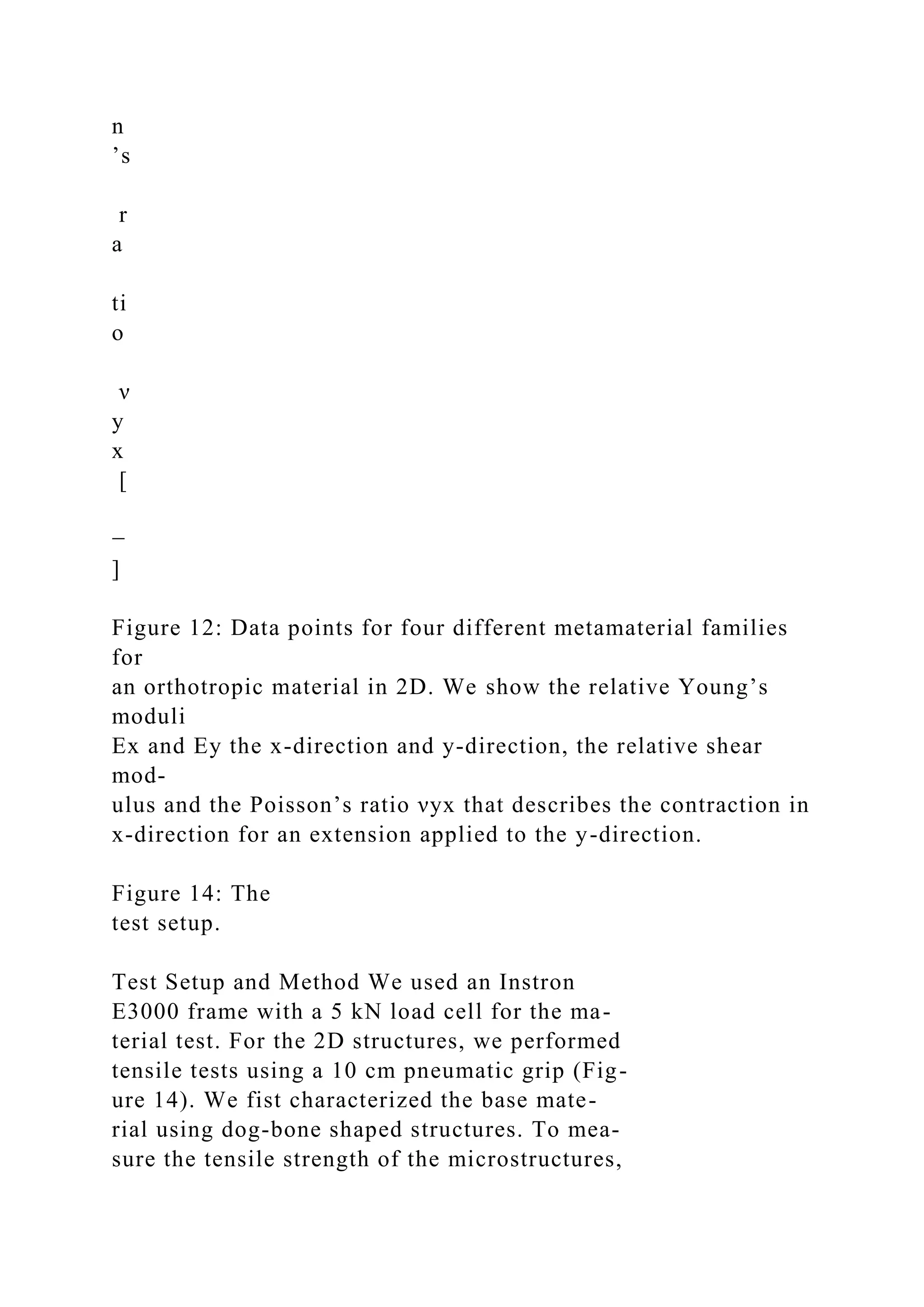 n
’s
r
a
ti
o
ν
y
x
[
−
]
Figure 12: Data points for four different metamaterial families
for
an orthotropic material in 2D. We show the relative Young’s
moduli
Ex and Ey the x-direction and y-direction, the relative shear
mod-
ulus and the Poisson’s ratio νyx that describes the contraction in
x-direction for an extension applied to the y-direction.
Figure 14: The
test setup.
Test Setup and Method We used an Instron
E3000 frame with a 5 kN load cell for the ma-
terial test. For the 2D structures, we performed
tensile tests using a 10 cm pneumatic grip (Fig-
ure 14). We fist characterized the base mate-
rial using dog-bone shaped structures. To mea-
sure the tensile strength of the microstructures,
 