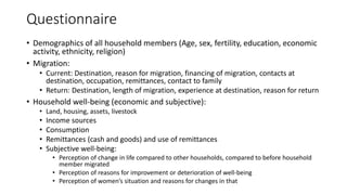Questionnaire
• Demographics of all household members (Age, sex, fertility, education, economic
activity, ethnicity, religion)
• Migration:
• Current: Destination, reason for migration, financing of migration, contacts at
destination, occupation, remittances, contact to family
• Return: Destination, length of migration, experience at destination, reason for return
• Household well-being (economic and subjective):
• Land, housing, assets, livestock
• Income sources
• Consumption
• Remittances (cash and goods) and use of remittances
• Subjective well-being:
• Perception of change in life compared to other households, compared to before household
member migrated
• Perception of reasons for improvement or deterioration of well-being
• Perception of women’s situation and reasons for changes in that
 