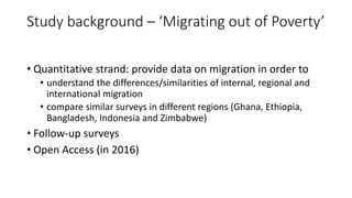 Study background – ‘Migrating out of Poverty’
• Quantitative strand: provide data on migration in order to
• understand the differences/similarities of internal, regional and
international migration
• compare similar surveys in different regions (Ghana, Ethiopia,
Bangladesh, Indonesia and Zimbabwe)
• Follow-up surveys
• Open Access (in 2016)
 