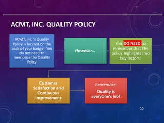 ACMT, INC. QUALITY POLICY
35
ACMT, Inc. ‘s Quality
Policy is located on the
back of your badge. You
do not need to
memoriz...