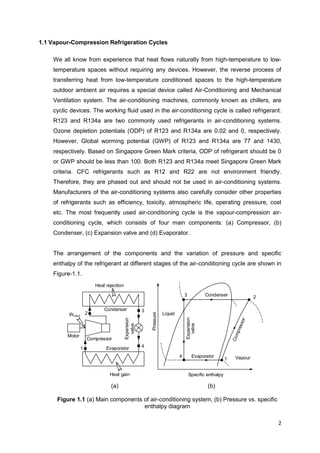 2
Heat gain
Heat rejection
Compressor
Evaporator
Condenser
Expansion
valve
Motor
Winput
1
2
3
4
Pressure
Specific enthalpy
Evaporator
Condenser
Expansion
valve
Liquid
Vapour1
23
4
1.1 Vapour-Compression Refrigeration Cycles
We all know from experience that heat flows naturally from high-temperature to low-
temperature spaces without requiring any devices. However, the reverse process of
transferring heat from low-temperature conditioned spaces to the high-temperature
outdoor ambient air requires a special device called Air-Conditioning and Mechanical
Ventilation system. The air-conditioning machines, commonly known as chillers, are
cyclic devices. The working fluid used in the air-conditioning cycle is called refrigerant.
R123 and R134a are two commonly used refrigerants in air-conditioning systems.
Ozone depletion potentials (ODP) of R123 and R134a are 0.02 and 0, respectively.
However, Global worming potential (GWP) of R123 and R134a are 77 and 1430,
respectively. Based on Singapore Green Mark criteria, ODP of refrigerant should be 0
or GWP should be less than 100. Both R123 and R134a meet Singapore Green Mark
criteria. CFC refrigerants such as R12 and R22 are not environment friendly.
Therefore, they are phased out and should not be used in air-conditioning systems.
Manufacturers of the air-conditioning systems also carefully consider other properties
of refrigerants such as efficiency, toxicity, atmospheric life, operating pressure, cost
etc. The most frequently used air-conditioning cycle is the vapour-compression air-
conditioning cycle, which consists of four main components: (a) Compressor, (b)
Condenser, (c) Expansion valve and (d) Evaporator.
The arrangement of the components and the variation of pressure and specific
enthalpy of the refrigerant at different stages of the air-conditioning cycle are shown in
Figure-1.1.
(a) (b)
Figure 1.1 (a) Main components of air-conditioning system, (b) Pressure vs. specific
enthalpy diagram
 