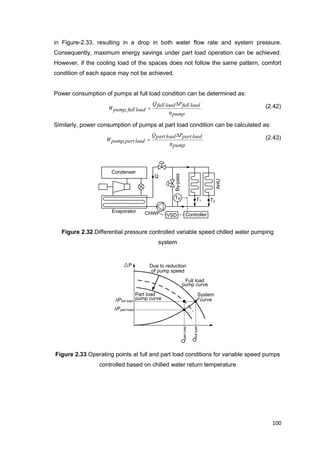 100
CHWP
By-pass
Condenser
Evaporator
AHU
Q
TR
ControllerVSD
T2T1
P
Pfull load
Full load
pump curve
System
curve
Qfullload
Qpartload
Due to reduction
of pump speed
Part load
pump curve
Ppart load
in Figure-2.33, resulting in a drop in both water flow rate and system pressure.
Consequently, maximum energy savings under part load operation can be achieved.
However, if the cooling load of the spaces does not follow the same pattern, comfort
condition of each space may not be achieved.
Power consumption of pumps at full load condition can be determined as:
pump
loadfullPloadfullQ
loadfullpumpW
h

,
(2.42)
Similarly, power consumption of pumps at part load condition can be calculated as:
pump
loadpartPloadpartQ
loadpartpumpW
h

,
(2.43)
Figure 2.32 Differential pressure controlled variable speed chilled water pumping
system
Figure 2.33 Operating points at full and part load conditions for variable speed pumps
controlled based on chilled water return temperature
 