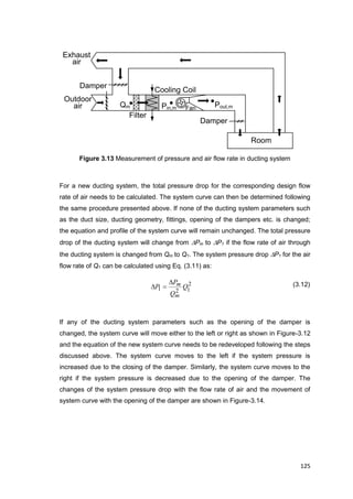 125
Outdoor
air
Exhaust
air
Cooling Coil
Room
Fan
Filter
Damper
Damper
Pin,m Pout,mQm
Figure 3.13 Measurement of pressure and air flow rate in ducting system
For a new ducting system, the total pressure drop for the corresponding design flow
rate of air needs to be calculated. The system curve can then be determined following
the same procedure presented above. If none of the ducting system parameters such
as the duct size, ducting geometry, fittings, opening of the dampers etc. is changed;
the equation and profile of the system curve will remain unchanged. The total pressure
drop of the ducting system will change from Pm to P1 if the flow rate of air through
the ducting system is changed from Qm to Q1. The system pressure drop P1 for the air
flow rate of Q1 can be calculated using Eq. (3.11) as:
2
121 Q
Q
P
P
m
m
 (3.12)
If any of the ducting system parameters such as the opening of the damper is
changed, the system curve will move either to the left or right as shown in Figure-3.12
and the equation of the new system curve needs to be redeveloped following the steps
discussed above. The system curve moves to the left if the system pressure is
increased due to the closing of the damper. Similarly, the system curve moves to the
right if the system pressure is decreased due to the opening of the damper. The
changes of the system pressure drop with the flow rate of air and the movement of
system curve with the opening of the damper are shown in Figure-3.14.
 