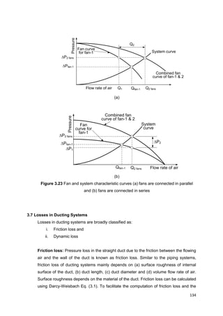 134
Flow rate of air
Pressure Combined fan
curve of fan-1 & 2
System curve
P2 fans
Pfan-1
Q1
Fan curve
for fan-1
Qfan-1 Q2 fans
Q2
Pressure
Q2 fans
P2 fans
P1
Qfan-1
System
curve
Pfan-1
P2
Fan
curve for
fan-1
Combined fan
curve of fan-1 & 2
Flow rate of air
(a)
(b)
Figure 3.23 Fan and system characteristic curves (a) fans are connected in parallel
and (b) fans are connected in series
3.7 Losses in Ducting Systems
Losses in ducting systems are broadly classified as:
i. Friction loss and
ii. Dynamic loss
Friction loss: Pressure loss in the straight duct due to the friction between the flowing
air and the wall of the duct is known as friction loss. Similar to the piping systems,
friction loss of ducting systems mainly depends on (a) surface roughness of internal
surface of the duct, (b) duct length, (c) duct diameter and (d) volume flow rate of air.
Surface roughness depends on the material of the duct. Friction loss can be calculated
using Darcy-Weisbach Eq. (3.1). To facilitate the computation of friction loss and the
 