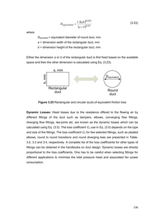 136
a, mm
b,mm
Rectangular
duct Round
duct
Dequivalent
 
  25.0
625.0
3.1
ba
ab
Dequivalent

 (3.23)
where
Dequivalent = equivalent diameter of round duct, mm
a = dimension width of the rectangular duct, mm
b = dimension height of the rectangular duct, mm
Either the dimension a or b of the rectangular duct is first fixed based on the available
space and then the other dimension is calculated using Eq. (3.23).
Figure 3.25 Rectangular and circular ducts of equivalent friction loss
Dynamic Losses: Head losses due to the resistance offered to the flowing air by
different fittings of the duct such as dampers, elbows, converging flow fittings,
diverging flow fittings, tee-joints etc. are known as the dynamic losses which can be
calculated using Eq. (3.5). The loss coefficient Co use in Eq. (3.5) depends on the type
and size of the fittings. The loss coefficient Co for few selected fittings, such as pleated
elbows, round to round transitions and round diverging tees are presented in Table-
3.2, 3.3 and 3.4, respectively. A complete list of the loss coefficients for other types of
fittings can be obtained in the handbooks on duct design. Dynamic losses are directly
proportional to the loss coefficients. One has to be careful when selecting fittings for
different applications to minimise the total pressure head and associated fan power
consumption.
 