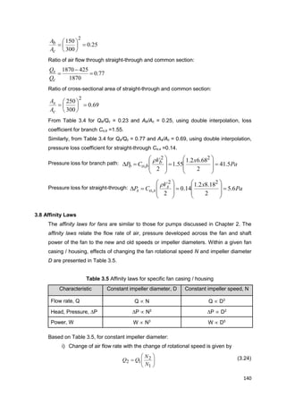 140
25.0
300
150
2







c
b
A
A
Ratio of air flow through straight-through and common section:
77.0
1870
4251870



c
s
Q
Q
Ratio of cross-sectional area of straight-through and common section:
69.0
300
250
2







c
s
A
A
From Table 3.4 for Qb/Qc = 0.23 and Ab/Ac = 0.25, using double interpolation, loss
coefficient for branch Co,b =1.55.
Similarly, from Table 3.4 for Qs/Qc = 0.77 and As/Ac = 0.69, using double interpolation,
pressure loss coefficient for straight-through Co,s =0.14.
Pressure loss for branch path: Pa
xV
CP b
bob 5.41
2
68.62.1
55.1
2
22
, 



















Pressure loss for straight-through: Pa
xV
CP s
sos 6.5
2
18.82.1
14.0
2
22
, 



















3.8 Affinity Laws
The affinity laws for fans are similar to those for pumps discussed in Chapter 2. The
affinity laws relate the flow rate of air, pressure developed across the fan and shaft
power of the fan to the new and old speeds or impeller diameters. Within a given fan
casing / housing, effects of changing the fan rotational speed N and impeller diameter
D are presented in Table 3.5.
Table 3.5 Affinity laws for specific fan casing / housing
Characteristic Constant impeller diameter, D Constant impeller speed, N
Flow rate, Q Q  N Q  D3
Head, Pressure, P P  N2
P  D2
Power, W W  N3
W  D5
Based on Table 3.5, for constant impeller diameter:
i) Change of air flow rate with the change of rotational speed is given by







1
2
12
N
N
QQ (3.24)
 