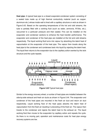 159
Evaporator
(Heat absorb)
Condenser
(Heat reject)
Wick
Liquid
working fluid
Vapour
Heat pipe: A typical heat pipe is a closed evaporator-condenser system consisting of
a sealed tube made up of high thermal conductivity material (such as copper,
aluminium etc.) whose inside wall is lined with a capillary structure or wick as shown in
Figure-3.43. Based on the operating temperatures of the hot and cold streams, the
tube is partially filled with a working fluid (such as water, ammonia, R134a, etc.),
vacuumed to a particular pressure and then sealed. Fins can be installed on the
evaporator and condenser sections to enhance the heat transfer performance. The
evaporator and condenser of the heat pipe are installed at the hot and cold streams
respectively. The liquid working fluid turns into vapour by absorbing the latent heat of
vapourisation at the evaporator of the heat pipe. The vapour then travels along the
heat pipe to the condenser and condenses back into liquid by rejecting the latent heat.
The liquid then returns to the evaporator due to the capillary action exerted by the wick
structure and the cycle repeats.
Figure 3.43 Typical heat pipe
Similar to the energy recovery wheel, a number of heat pipes are installed between the
side-by-side exhaust and fresh air ducts as shown in Figure-3.44. The evaporator and
condenser of the heat pipes are mounted in the fresh air duct and return air duct
respectively. Liquid working fluid of the heat pipes absorbs the latent heat of
vapourisation from the fresh air resulting in precooling of the fresh air. The vapour then
travels to the condenser and rejects the latent heat to the exhaust air. The liquid
working fluid then moves to the evaporator by capillary action and repeats the cycle.
As there is no moving part, operation and maintenance costs for heat pipe energy
recovery systems are low.
 