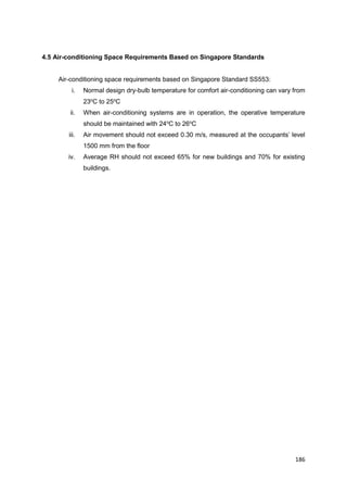 186
4.5 Air-conditioning Space Requirements Based on Singapore Standards
Air-conditioning space requirements based on Singapore Standard SS553:
i. Normal design dry-bulb temperature for comfort air-conditioning can vary from
23o
C to 25o
C
ii. When air-conditioning systems are in operation, the operative temperature
should be maintained with 24o
C to 26o
C
iii. Air movement should not exceed 0.30 m/s, measured at the occupants’ level
1500 mm from the floor
iv. Average RH should not exceed 65% for new buildings and 70% for existing
buildings.
 