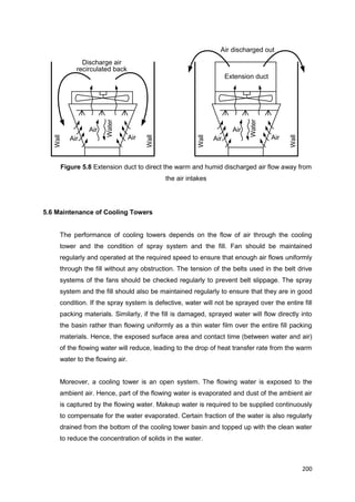 200
Air Air
Air
Water
Air Air
Air
Water
Wall
Wall
Discharge air
recirculated back
Air discharged out
Extension duct
Wall
Wall
Figure 5.8 Extension duct to direct the warm and humid discharged air flow away from
the air intakes
5.6 Maintenance of Cooling Towers
The performance of cooling towers depends on the flow of air through the cooling
tower and the condition of spray system and the fill. Fan should be maintained
regularly and operated at the required speed to ensure that enough air flows uniformly
through the fill without any obstruction. The tension of the belts used in the belt drive
systems of the fans should be checked regularly to prevent belt slippage. The spray
system and the fill should also be maintained regularly to ensure that they are in good
condition. If the spray system is defective, water will not be sprayed over the entire fill
packing materials. Similarly, if the fill is damaged, sprayed water will flow directly into
the basin rather than flowing uniformly as a thin water film over the entire fill packing
materials. Hence, the exposed surface area and contact time (between water and air)
of the flowing water will reduce, leading to the drop of heat transfer rate from the warm
water to the flowing air.
Moreover, a cooling tower is an open system. The flowing water is exposed to the
ambient air. Hence, part of the flowing water is evaporated and dust of the ambient air
is captured by the flowing water. Makeup water is required to be supplied continuously
to compensate for the water evaporated. Certain fraction of the water is also regularly
drained from the bottom of the cooling tower basin and topped up with the clean water
to reduce the concentration of solids in the water.
 