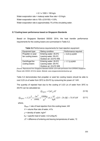 203
= 0.1 x 1000 = 100 kg/s
Water evaporation rate = makeup water flow rate = 0.9 kg/s
Water evaporation rate is 100 x (0.9/100) = 0.9%.
Water evaporation rate is approximately 1% of the circulating water.
5.7 Cooling tower performance based on Singapore Standards
Based on Singapore Standard SS530: 2014, the heat transfer performance
requirements for the cooling towers are summarised in Table 5.2.
Table 5.2 Performance requirements for heat rejection equipment
Equipment type Rating condition Performance required
Propeller or axial
fan cooling towers
Entering water: 35.0o
C
Leaving water: 29.4o
C
Outdoor air: 23.4o
C WB
 3.23 (L/s)/kW
Centrifugal fan
cooling towers
Entering water: 35.0o
C
Leaving water: 29.4o
C
Outdoor air: 23.4o
C WB
 1.7 (L/s)/kW
(Source: Reproduced from Singapore Standard SS530: 2014 with permission from SPRING Singapore.
Please refer SS530: 2014 for details. Website: www.singaporestandardseshop.sg)
Table 5.2 demonstrates that propeller or axial fan cooling towers should be able to
cool 3.23 L/s of water from 35o
C to 29.4o
C by consuming fan power of 1 kW.
The quantity of rejected heat due to the cooling of 3.23 L/s of water from 35o
C to
29.4o
C can be calculated as:
TCVQ preject   (5.10)
  kWK29.435x
kgK
kJ
x4.2
m
1000kg
x
1000L
1m
x
s
L
3.23Q
3
3
reject 97.75 (5.11)
where,
Qreject = rate of heat rejection from the cooling tower, kW
V = volume flow rate of water, m3
/s
 = density of water, kg/m3
Cp = specific heat of water, 4.2 kJ/(kg K)
T = difference of entering and leaving temperatures of water, o
C
 