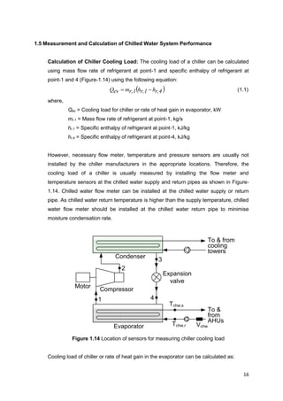 16
Compressor
Evaporator
Condenser
Expansion
valve
Motor
To & from
cooling
towers
Tchw,r Vchw
To &
from
AHUs
Tchw,s
1
2
3
4
1.5 Measurement and Calculation of Chilled Water System Performance
Calculation of Chiller Cooling Load: The cooling load of a chiller can be calculated
using mass flow rate of refrigerant at point-1 and specific enthalpy of refrigerant at
point-1 and 4 (Figure-1.14) using the following equation:
 r,4hr,1hr,1mevQ  (1.1)
where,
Qev = Cooling load for chiller or rate of heat gain in evaporator, kW
mr,1 = Mass flow rate of refrigerant at point-1, kg/s
hr,1 = Specific enthalpy of refrigerant at point-1, kJ/kg
hr,4 = Specific enthalpy of refrigerant at point-4, kJ/kg
However, necessary flow meter, temperature and pressure sensors are usually not
installed by the chiller manufacturers in the appropriate locations. Therefore, the
cooling load of a chiller is usually measured by installing the flow meter and
temperature sensors at the chilled water supply and return pipes as shown in Figure-
1.14. Chilled water flow meter can be installed at the chilled water supply or return
pipe. As chilled water return temperature is higher than the supply temperature, chilled
water flow meter should be installed at the chilled water return pipe to minimise
moisture condensation rate.
Figure 1.14 Location of sensors for measuring chiller cooling load
Cooling load of chiller or rate of heat gain in the evaporator can be calculated as:
 