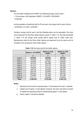 36
Solution
For the chiller of efficiency 0.5 kW/RT, the electrical energy cost for year-1
= 10 hours/day x 300 days/year x 600RT x 0.5 kW/RT x $0.20/kWh
= $180,000
As the escalation of electricity tariff is 2% per year, the energy cost for year-2 will be
= $180,000 x (1+0.02) = $183,600
Similarly, energy cost for year-3 and the following years can be calculated. Life cycle
cost comparison for the three chiller options is given in Table 1.10. All costs presented
in Table 1.10 are energy costs except year-0 capital cost or chiller initial cost.
Maintenance costs for the three chiller options are assumed to be the same and not
included in the comparison of the chiller options.
Table 1.10 Life cycle cost for the chiller options
Option-1, 0.5 kW/RT
Option-2, 0.55
kW/RT
Option-3, 0.65
kW/RT
$ $ $
Year-0 420,000 408,000 390,000
Year-1 180,000 198,000 234,000
Year-2 183,600 201,960 238,680
Year-3 187,272 205,999 243,454
Year-4 191,017 210,119 248,323
Year-5 194,838 214,322 253,289
Year-6 198,735 218,608 258,355
Year-7 202,709 222,980 263,522
Year-8 206,763 227,440 268,792
Year-9 210,899 231,989 274,168
Year-10 215,117 236,628 279,652
Total 2,390,950 2,576,045 2,952,235
Notes:
i. Electricity cost incurred to operate option-1 is the lowest from year-1 onwards.
ii. Capital cost of option-1 is the highest. However, life cycle cost (which consists
of capital and operating costs) for implementing option-1 is the lowest.
iii. Hence, option-1 should be selected.
 