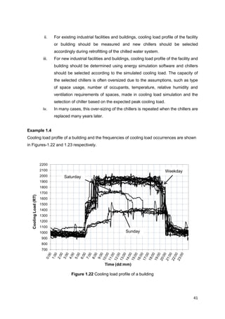 41
ii. For existing industrial facilities and buildings, cooling load profile of the facility
or building should be measured and new chillers should be selected
accordingly during retrofitting of the chilled water system.
iii. For new industrial facilities and buildings, cooling load profile of the facility and
building should be determined using energy simulation software and chillers
should be selected according to the simulated cooling load. The capacity of
the selected chillers is often oversized due to the assumptions, such as type
of space usage, number of occupants, temperature, relative humidity and
ventilation requirements of spaces, made in cooling load simulation and the
selection of chiller based on the expected peak cooling load.
iv. In many cases, this over-sizing of the chillers is repeated when the chillers are
replaced many years later.
Example 1.4
Cooling load profile of a building and the frequencies of cooling load occurrences are shown
in Figures-1.22 and 1.23 respectively.
Figure 1.22 Cooling load profile of a building
Saturday
Weekday
s
Sunday
 