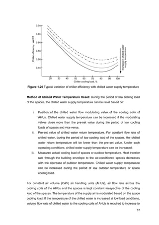 57
1009080706050403020
0.45
0.50
0.55
0.60
0.65
0.70
Chiller cooling load, %
Chillerefficiency,kW/RT
Increaseinchilledwater
supplytemperature
Figure 1.26 Typical variation of chiller efficiency with chilled water supply temperature
Method of Chilled Water Temperature Reset: During the period of low cooling load
of the spaces, the chilled water supply temperature can be reset based on:
i. Position of the chilled water flow modulating valve of the cooling coils of
AHUs. Chilled water supply temperature can be increased if the modulating
valves close more than the pre-set value during the period of low cooling
loads of spaces and vice versa.
ii. Pre-set value of chilled water return temperature. For constant flow rate of
chilled water, during the period of low cooling load of the spaces, the chilled
water return temperature will be lower than the pre-set value. Under such
operating conditions, chilled water supply temperature can be increased.
iii. Measured actual cooling load of spaces or outdoor temperature. Heat transfer
rate through the building envelope to the air-conditioned spaces decreases
with the decrease of outdoor temperature. Chilled water supply temperature
can be increased during the period of low outdoor temperature or space
cooling load.
For constant air volume (CAV) air handling units (AHUs), air flow rate across the
cooling coils of the AHUs and the spaces is kept constant irrespective of the cooling
load of the spaces. The temperature of the supply air is modulated based on the space
cooling load. If the temperature of the chilled water is increased at low load conditions,
volume flow rate of chilled water to the cooling coils of AHUs is required to increase to
 