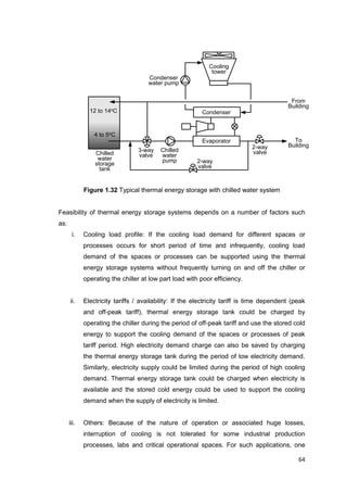 64
Condenser
Evaporator
Cooling
tower
Chilled
water
pump
3-way
valveChilled
water
storage
tank
4 to 5oC
12 to 14oC
2-way
valve
2-way
valve
Condenser
water pump
To
Building
From
Building
Figure 1.32 Typical thermal energy storage with chilled water system
Feasibility of thermal energy storage systems depends on a number of factors such
as:
i. Cooling load profile: If the cooling load demand for different spaces or
processes occurs for short period of time and infrequently, cooling load
demand of the spaces or processes can be supported using the thermal
energy storage systems without frequently turning on and off the chiller or
operating the chiller at low part load with poor efficiency.
ii. Electricity tariffs / availability: If the electricity tariff is time dependent (peak
and off-peak tariff), thermal energy storage tank could be charged by
operating the chiller during the period of off-peak tariff and use the stored cold
energy to support the cooling demand of the spaces or processes of peak
tariff period. High electricity demand charge can also be saved by charging
the thermal energy storage tank during the period of low electricity demand.
Similarly, electricity supply could be limited during the period of high cooling
demand. Thermal energy storage tank could be charged when electricity is
available and the stored cold energy could be used to support the cooling
demand when the supply of electricity is limited.
iii. Others: Because of the nature of operation or associated huge losses,
interruption of cooling is not tolerated for some industrial production
processes, labs and critical operational spaces. For such applications, one
 