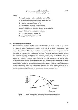 81
Flow rate
Pressure
Efficiency
Power
Efficiency
Pressure
Power
 
pumpcouplingmotor
inout
inputmotor
PPQ
W
hhh

,
(2.26)
where
Pin = static pressure at the inlet of the pump, kPa
Pout = static pressure at the outlet of the pump, kPa
Q = volume flow rate of water, m3
/s
hpump = efficiency of pump, dimensionless
hcoupling = efficiency of coupling system, dimensionless
hmotor = efficiency of motor, dimensionless
Wpump,input = pump input power, kW
Wmotor,input = motor input power, kW
2.4 Pump Characteristic Curves
The relationship between the flow rate of fluid and the pressure developed by a pump
is known as pump characteristic curve or pump curve. A pump characteristic curve
shows the variation of the developed pressure at a particular operating speed as its
discharge is throttled from zero to the full flow. Pump manufacturers usually include
the variation of pump input power and efficiency in the pump characteristic curve as
shown in Figure-2.12. Pump curve (pressure vs. flow rate) could be flat or steep.
Pumps with flat curve are suitable for variable flow closed loop systems such as chilled
water loop of central air-conditioning chilled water system. However, carefully selected
pumps with steep curve are suitable for constant flow open loop systems such as
condenser water loop of central air-conditioning chilled water system.
Figure 2.12 Pump input power, efficiency and characteristic curves
 