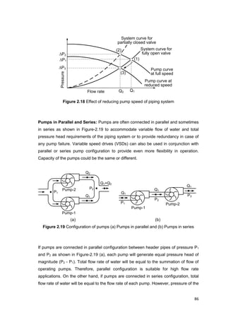 86
Flow rate
Pressure
Pump curve
at full speed
Q1
P1
P2
Q2
P3
System curve for
fully open valve
Pump curve at
reduced speed
System curve for
partially closed valve
(1)
(2)
(3)
Q1
Q2
Q1+Q2
P1
P2
Pump-1
Pump-2
Q1
Q1
Q1
P1
P2
P3
Pump-1
Pump-2
Figure 2.18 Effect of reducing pump speed of piping system
Pumps in Parallel and Series: Pumps are often connected in parallel and sometimes
in series as shown in Figure-2.19 to accommodate variable flow of water and total
pressure head requirements of the piping system or to provide redundancy in case of
any pump failure. Variable speed drives (VSDs) can also be used in conjunction with
parallel or series pump configuration to provide even more flexibility in operation.
Capacity of the pumps could be the same or different.
(a) (b)
Figure 2.19 Configuration of pumps (a) Pumps in parallel and (b) Pumps in series
If pumps are connected in parallel configuration between header pipes of pressure P1
and P2 as shown in Figure-2.19 (a), each pump will generate equal pressure head of
magnitude (P2 - P1). Total flow rate of water will be equal to the summation of flow of
operating pumps. Therefore, parallel configuration is suitable for high flow rate
applications. On the other hand, if pumps are connected in series configuration, total
flow rate of water will be equal to the flow rate of each pump. However, pressure of the
 
