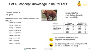 1 of 4 : concept knowledge in neural LMs
untuned model3
is
not great
tuned model4
is
much better (like with
any neural LM)
[4] Weir et al., 2020
[5] Forbes et al., 2019
[3] Bar Ilan demo., as of 2021 :
link
can also distinguish based on properties: “X
has fur” vs “X has fur and is big”
BERT
low correlation with human elicit
properties but are coherent.
😐
😀
17
 
